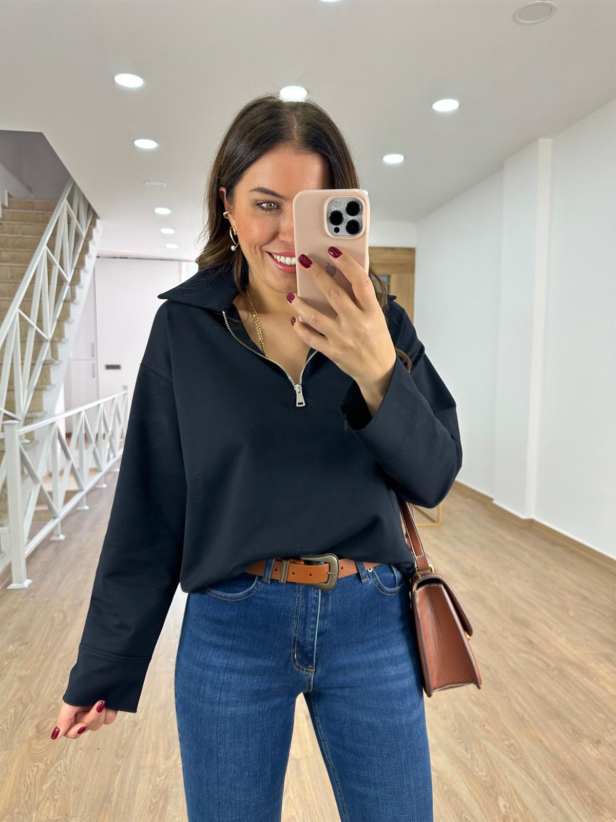 Polo Yaka İki İplik Sweatshirt-Lacivert