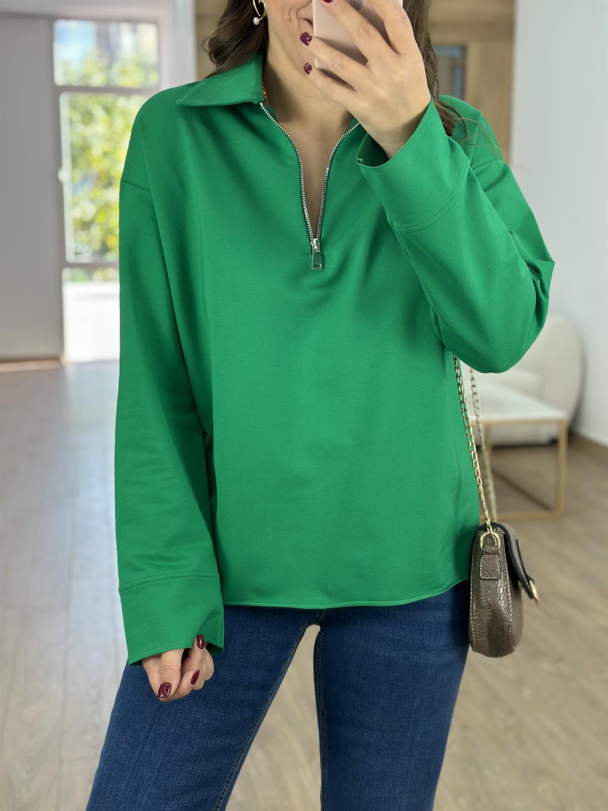 Polo Yaka İki İplik Sweatshirt-Yeşil