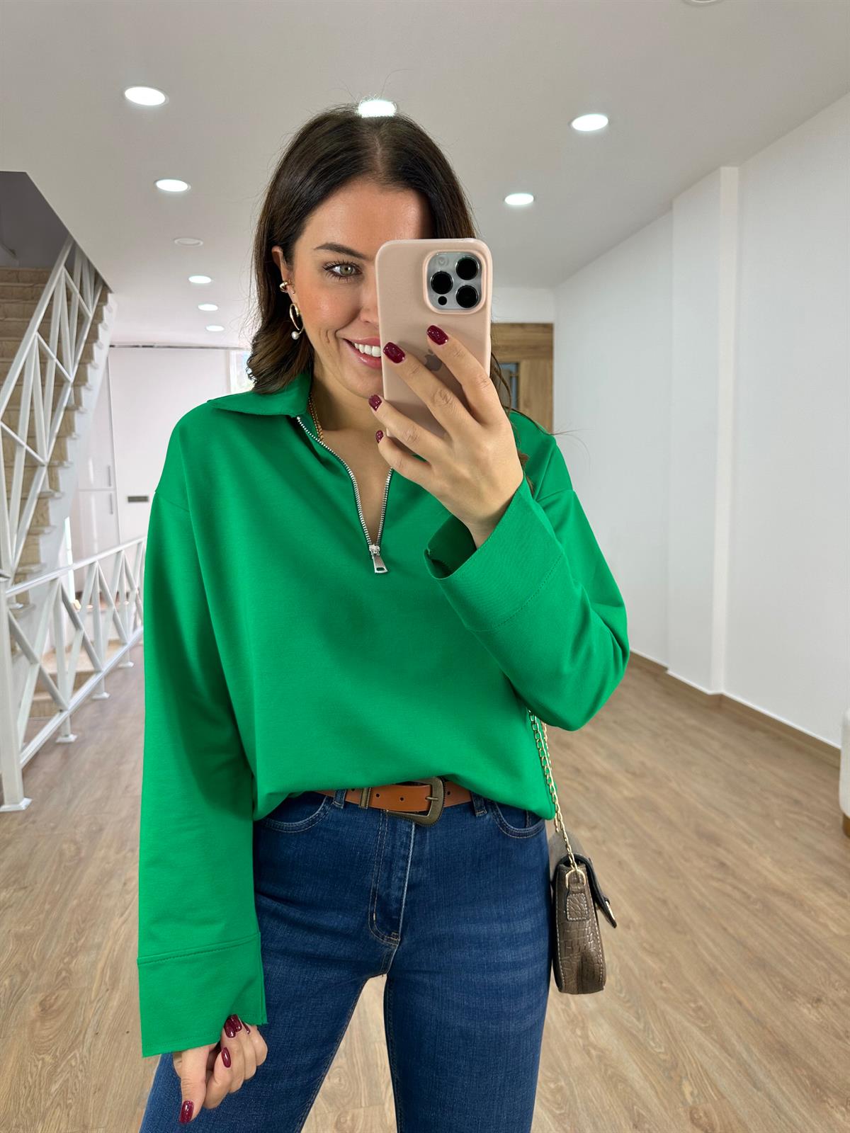 Polo Yaka İki İplik Sweatshirt-Yeşil