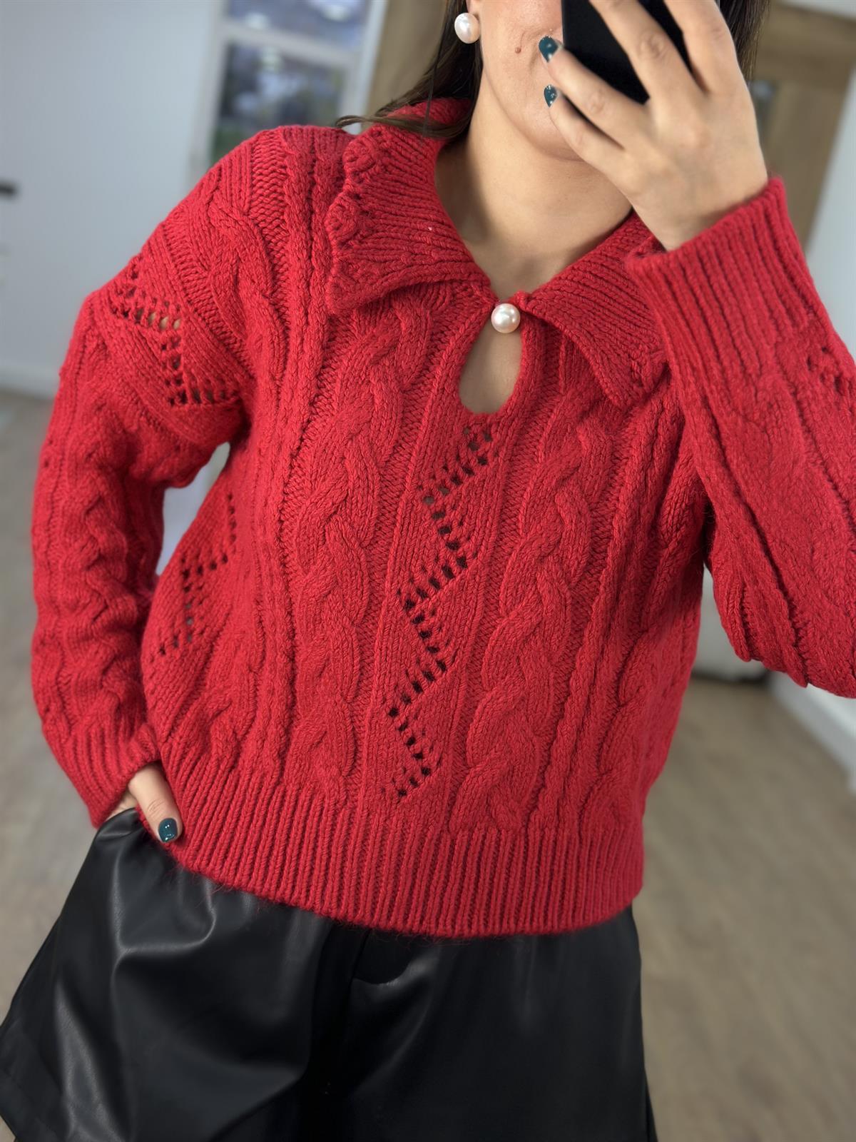 Polo Yaka İnci Düğmeli Kazak-Kırmızı