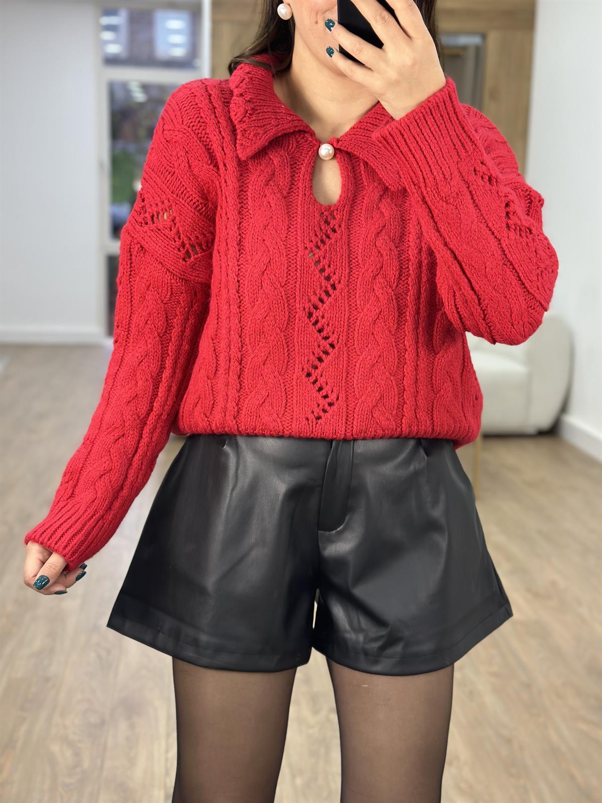 Polo Yaka İnci Düğmeli Kazak-Kırmızı