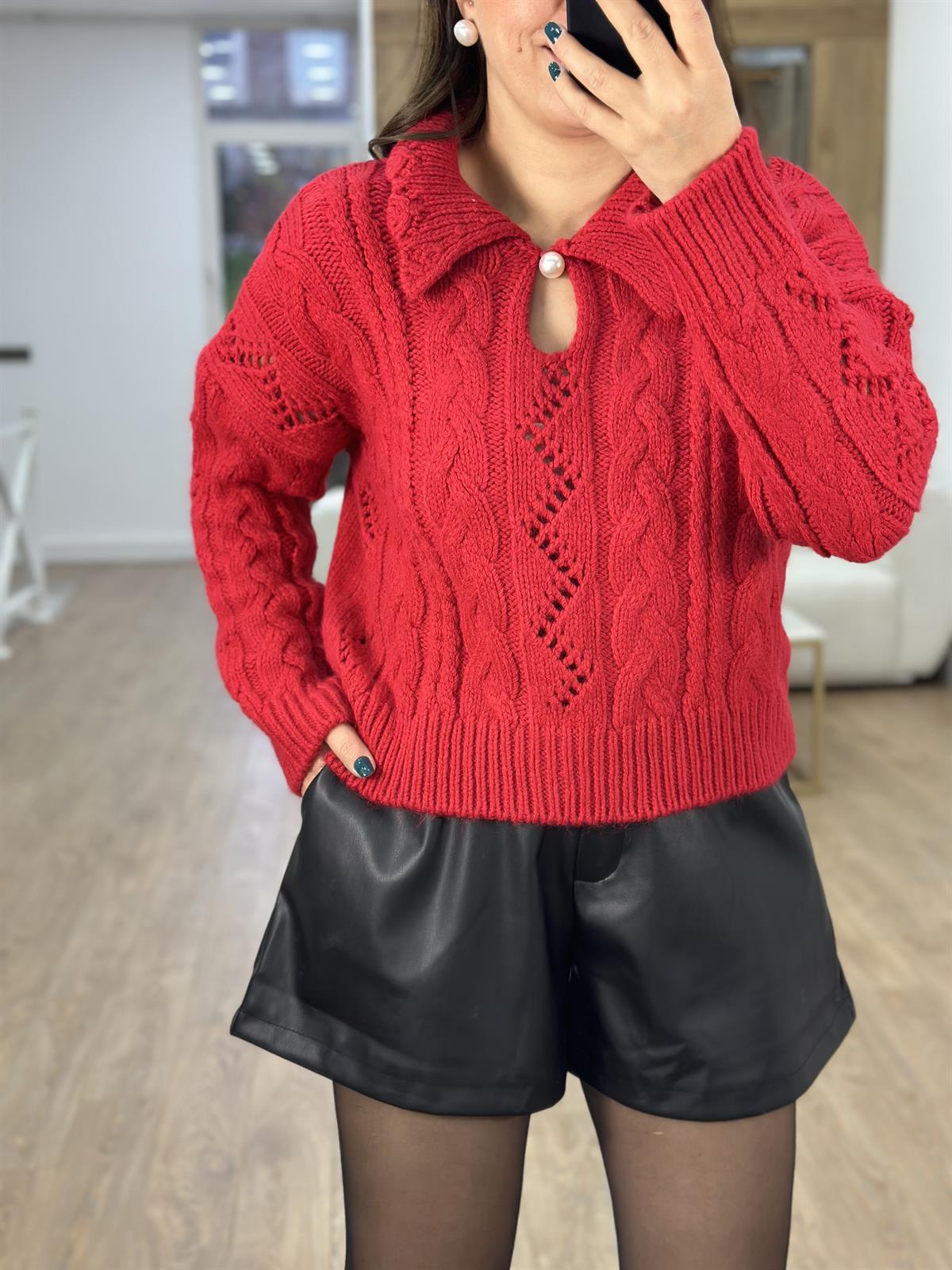 Polo Yaka İnci Düğmeli Kazak-Kırmızı