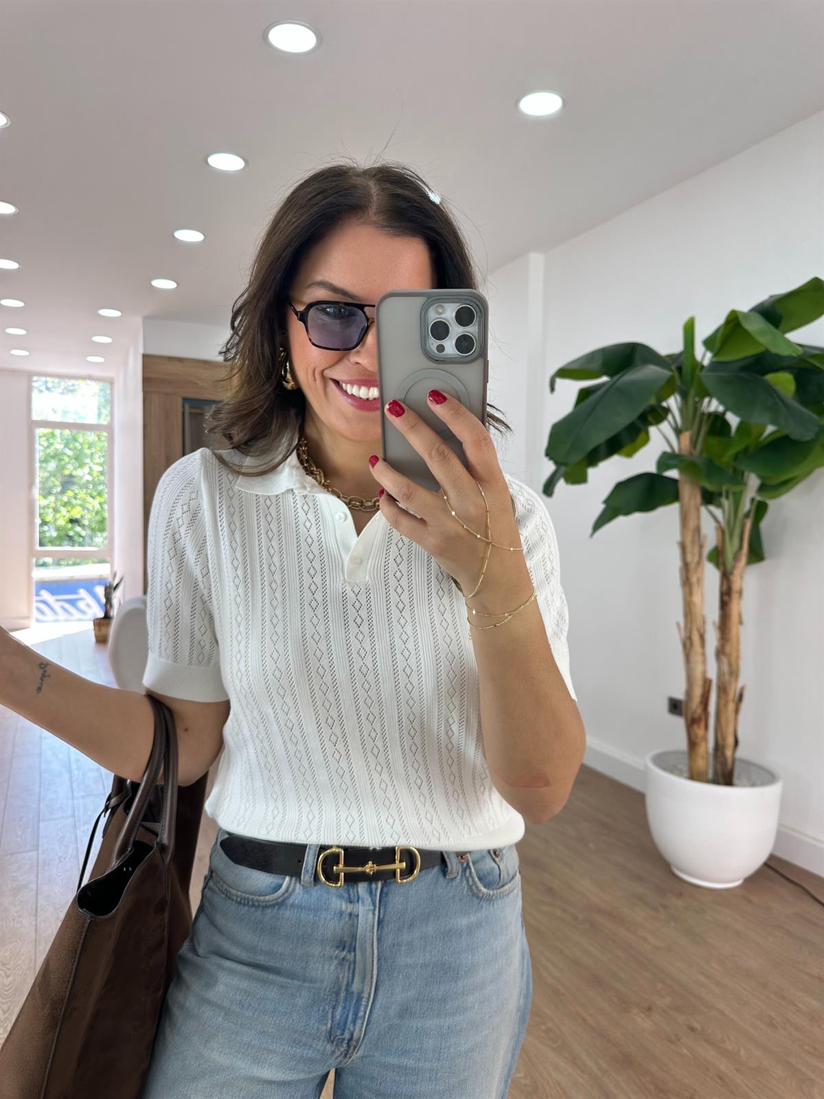 Polo Yaka Kendinden Desenli Bluz - Ekru