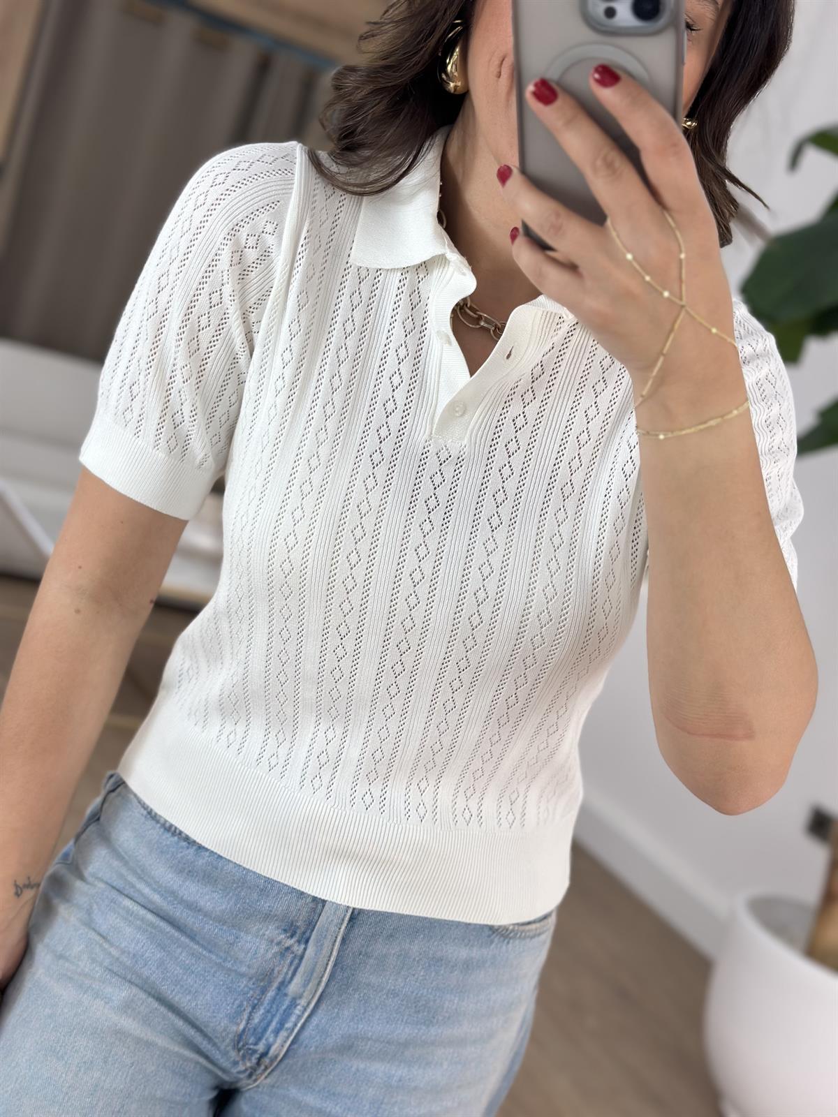 Polo Yaka Kendinden Desenli Bluz - Ekru