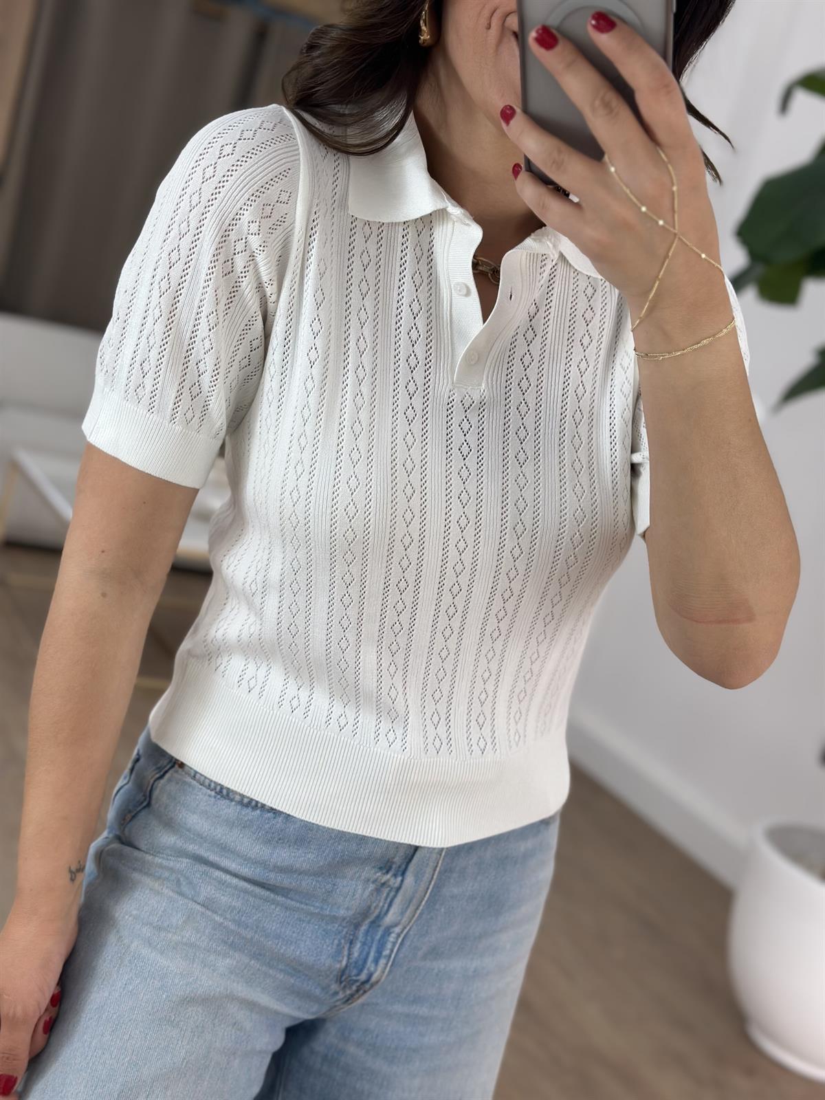 Polo Yaka Kendinden Desenli Bluz - Ekru