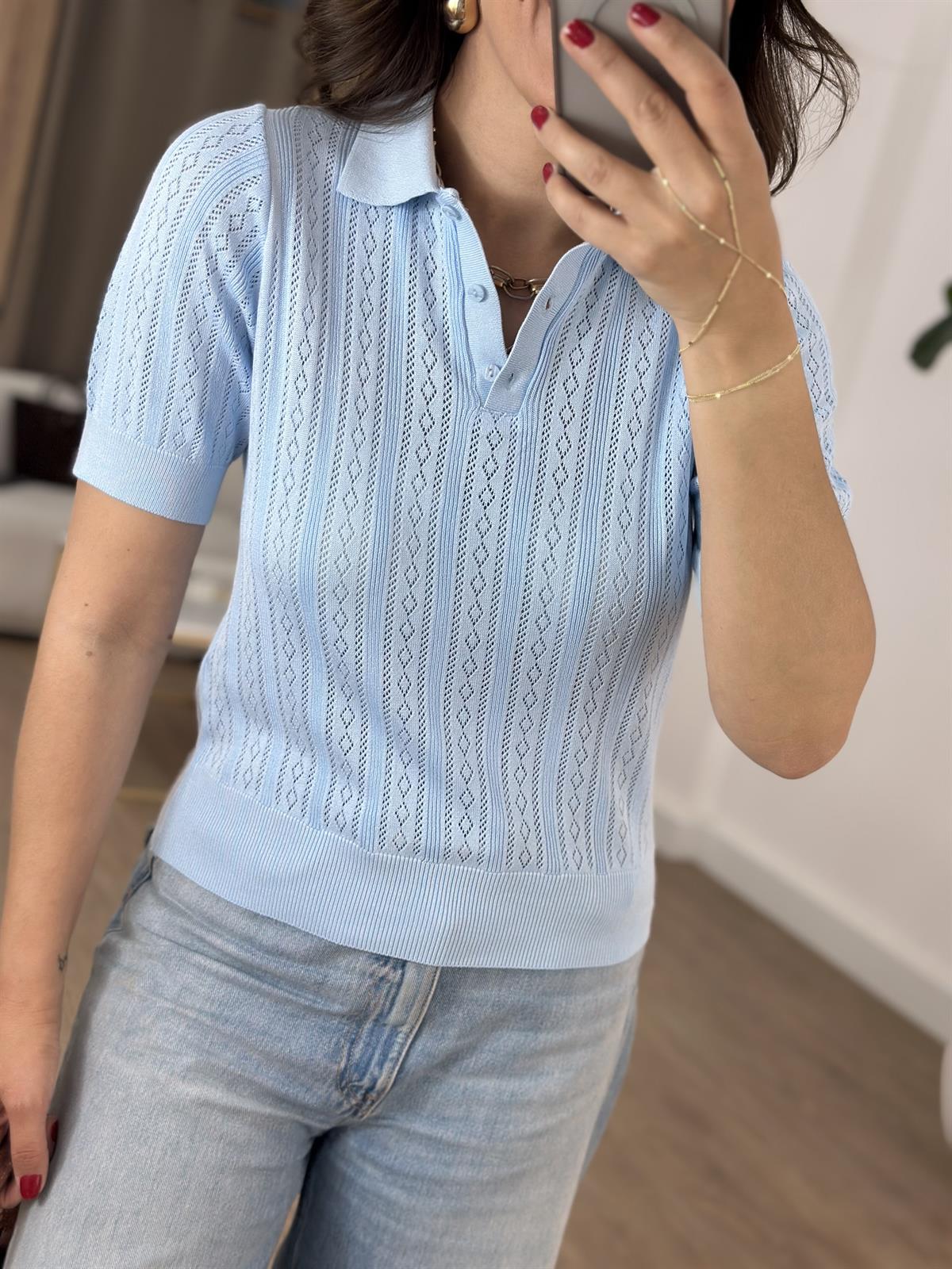 Polo Yaka Kendinden Desenli Bluz - Mavi