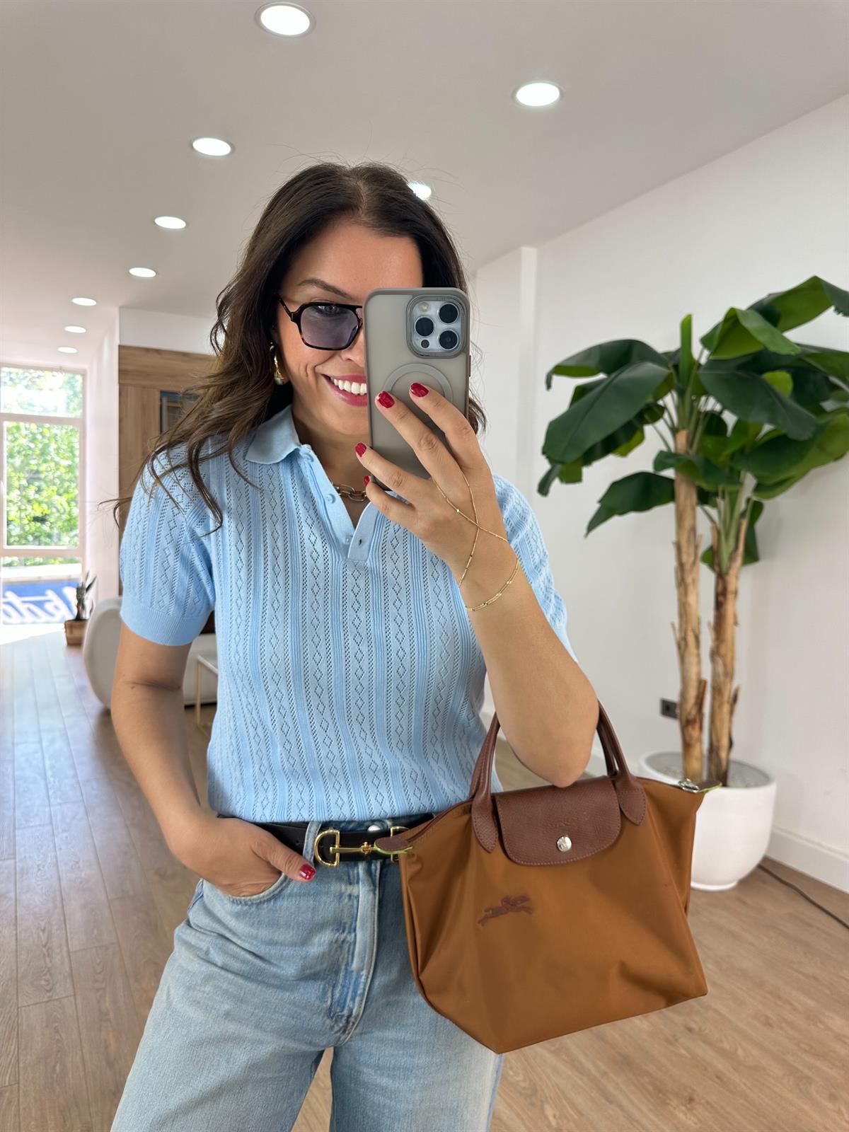 Polo Yaka Kendinden Desenli Bluz - Mavi