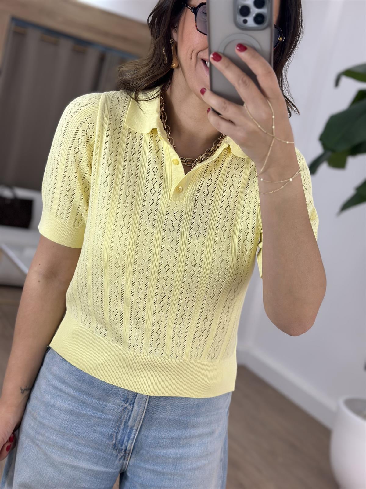 Polo Yaka Kendinden Desenli Bluz - Sarı