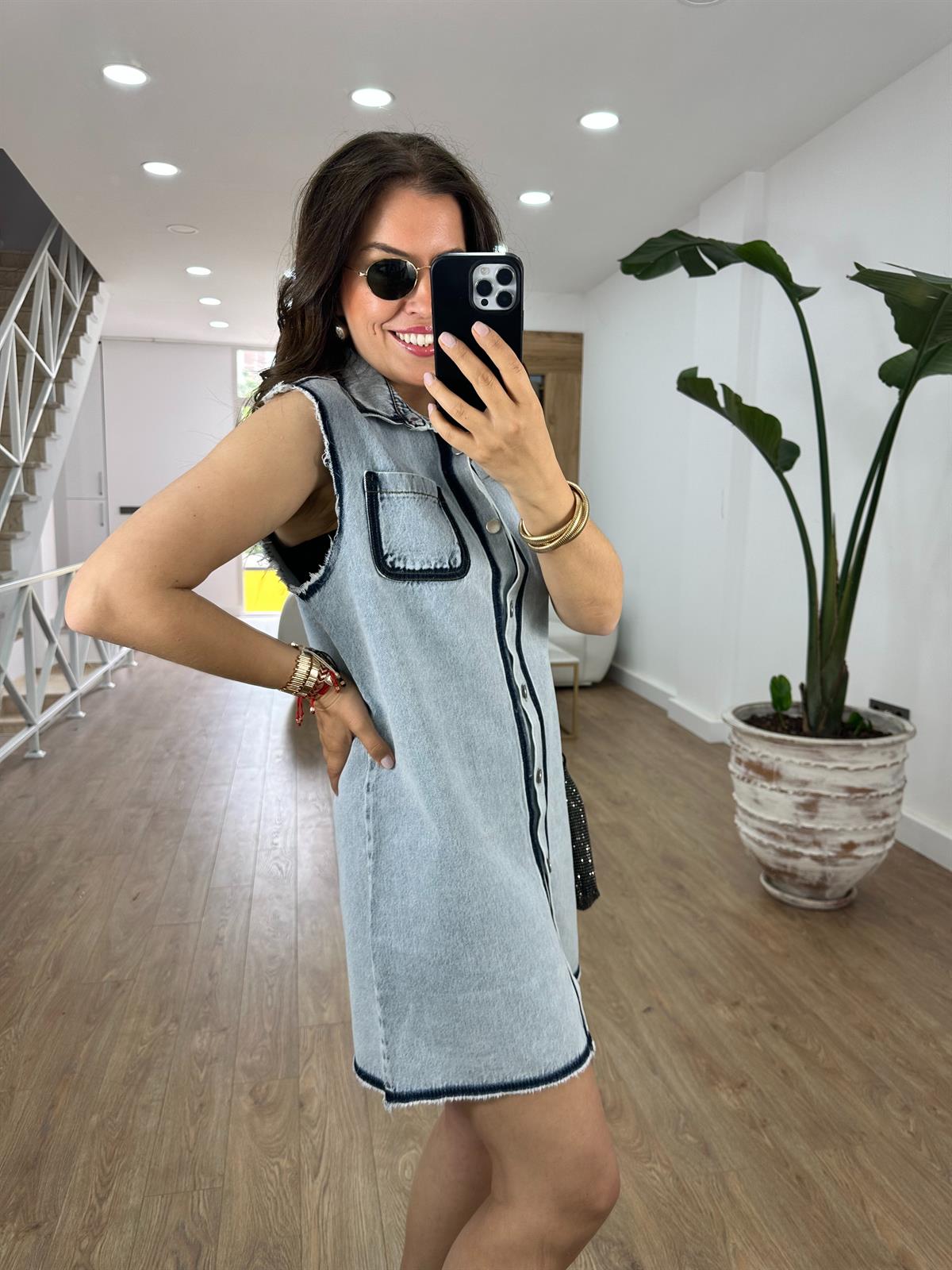 Polo Yaka Önden Düğmeli Denim Elbise