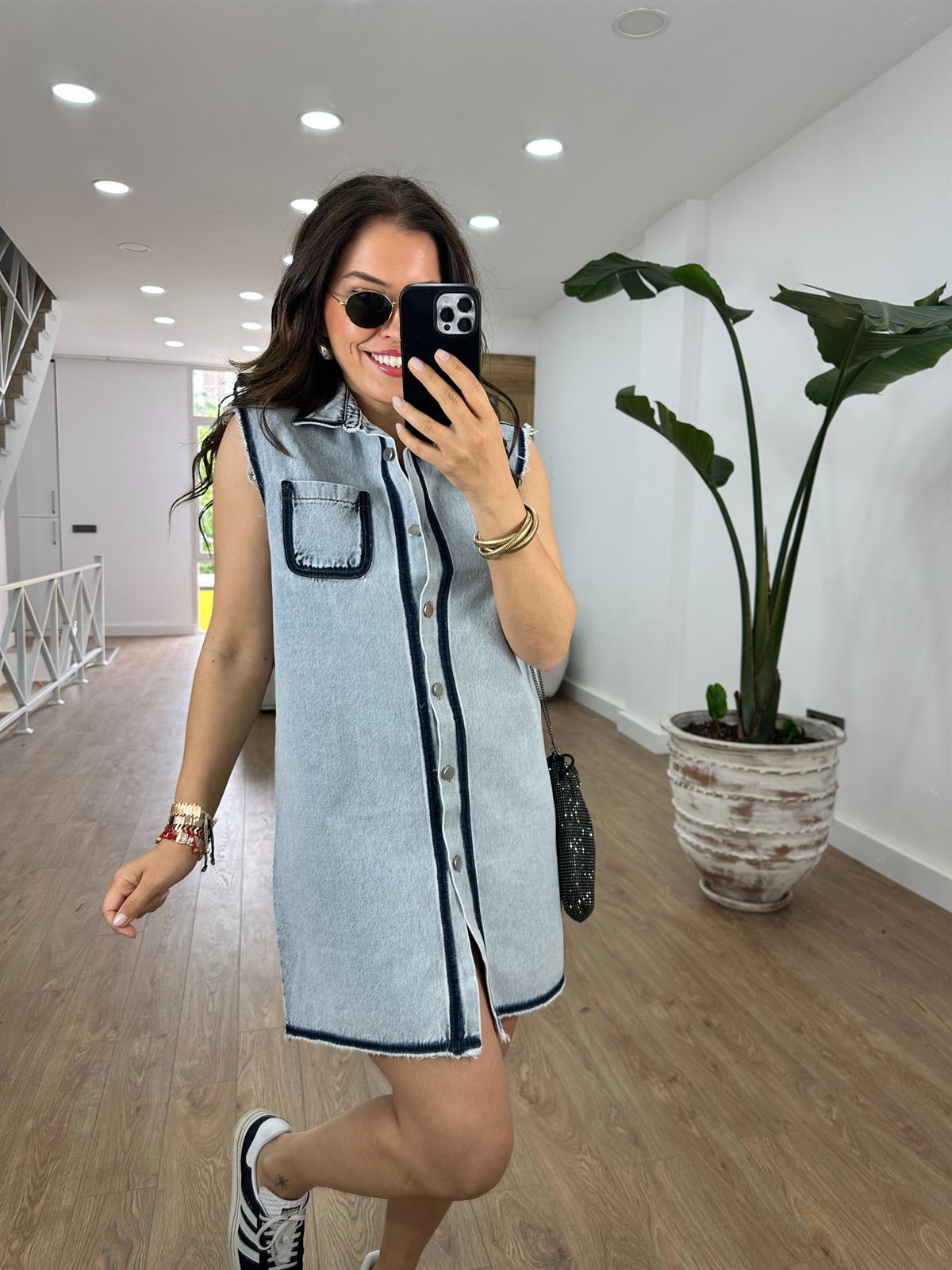 Polo Yaka Önden Düğmeli Denim Elbise