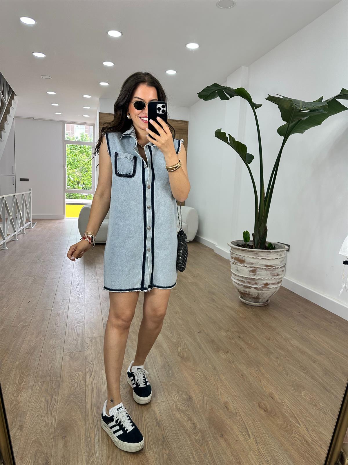 Polo Yaka Önden Düğmeli Denim Elbise