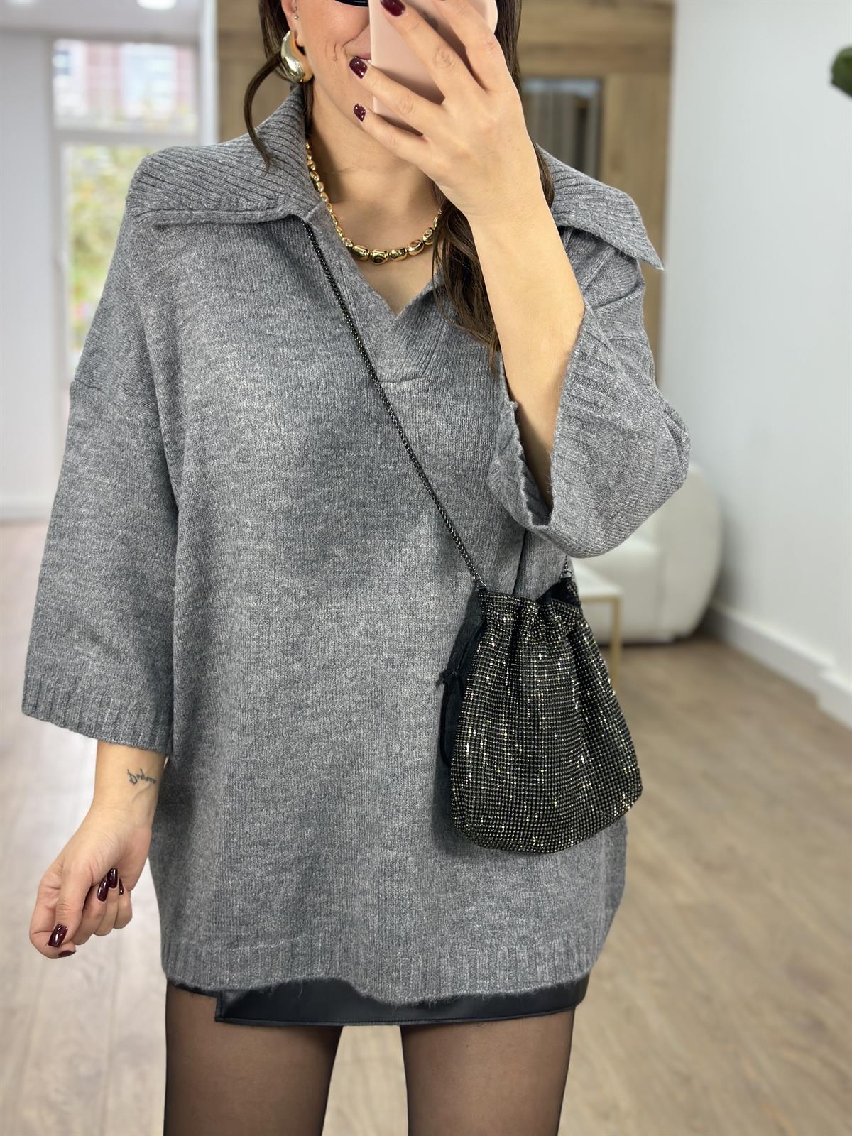 Polo Yaka Oversize Kazak-Gri