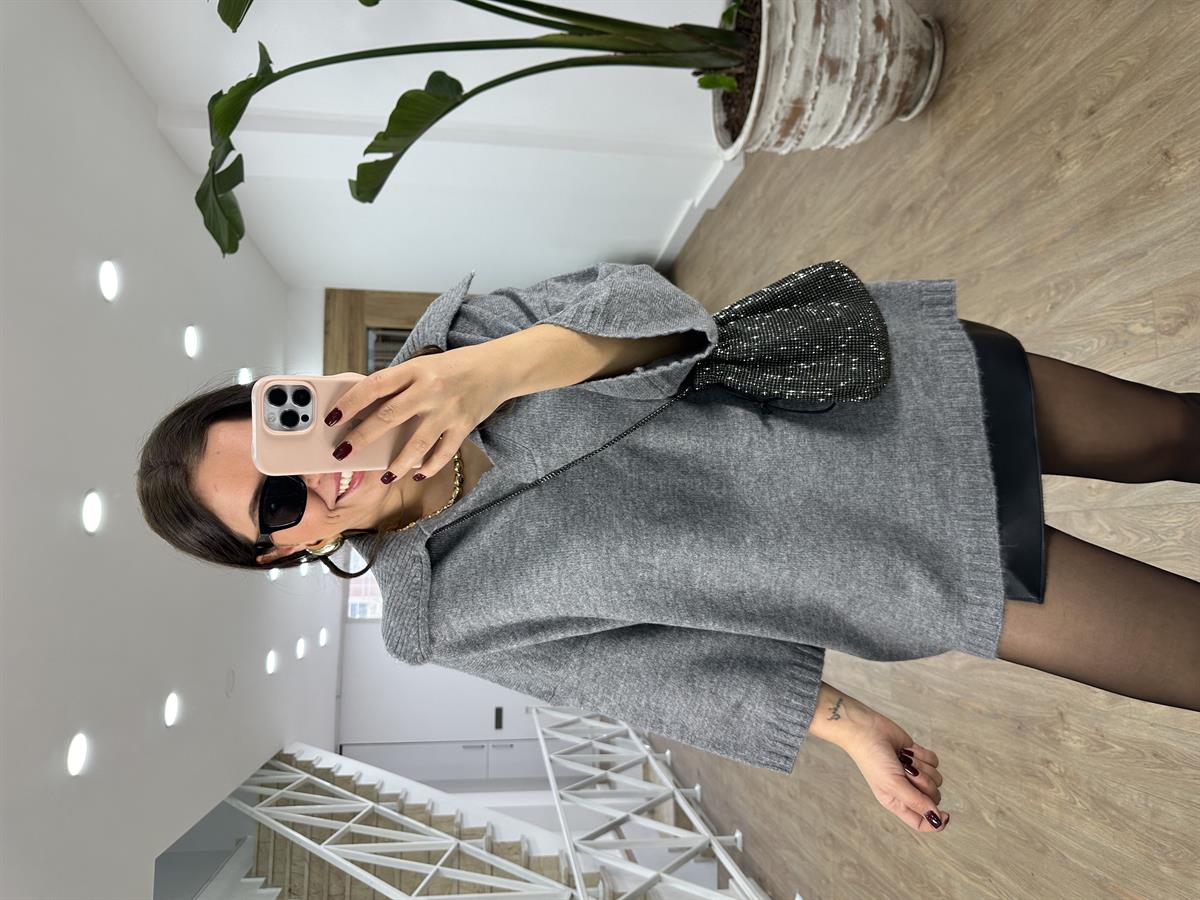 Polo Yaka Oversize Kazak-Gri