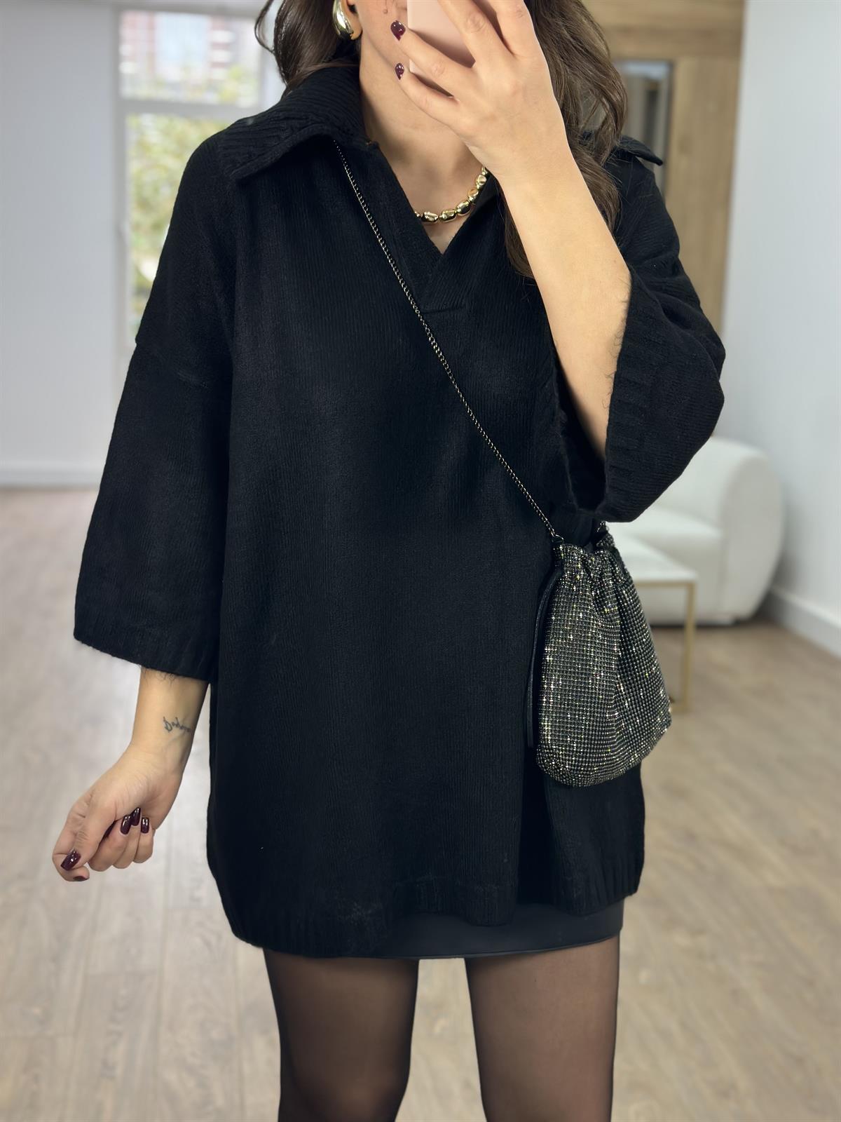 Polo Yaka Oversize Kazak-Siyah