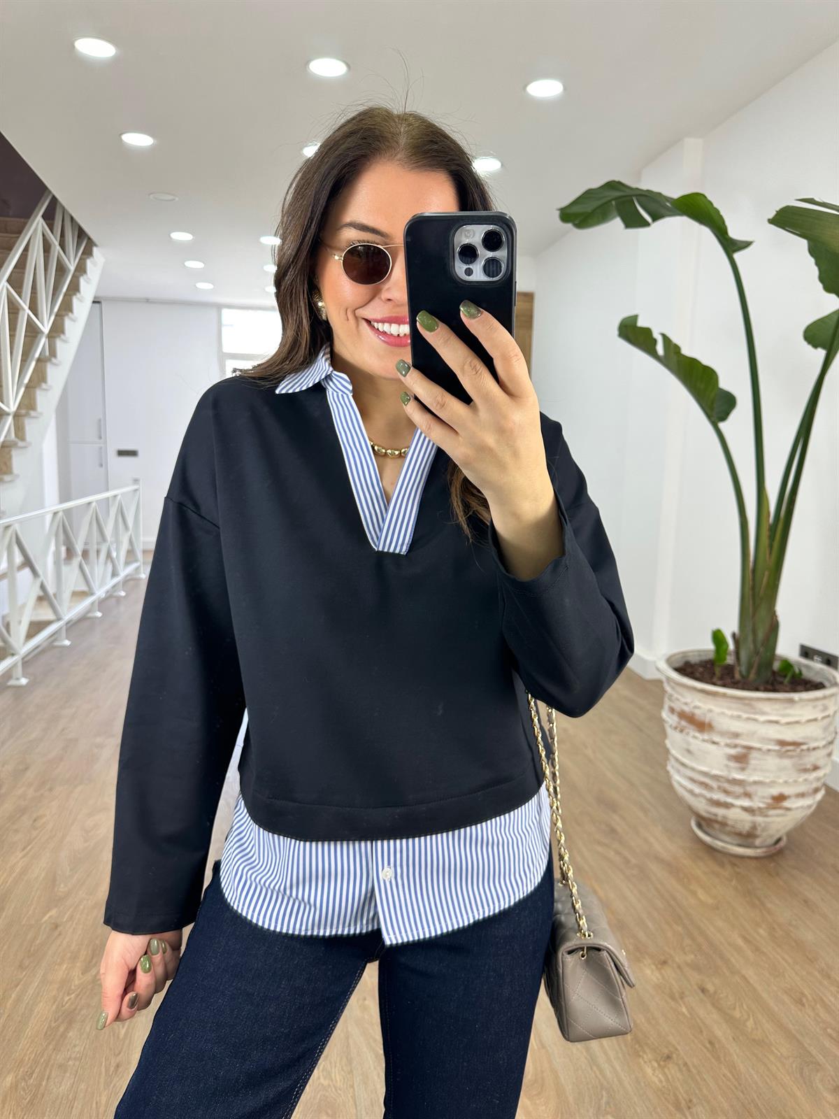 Polo Yaka Poplin Detaylı Sweatshirt