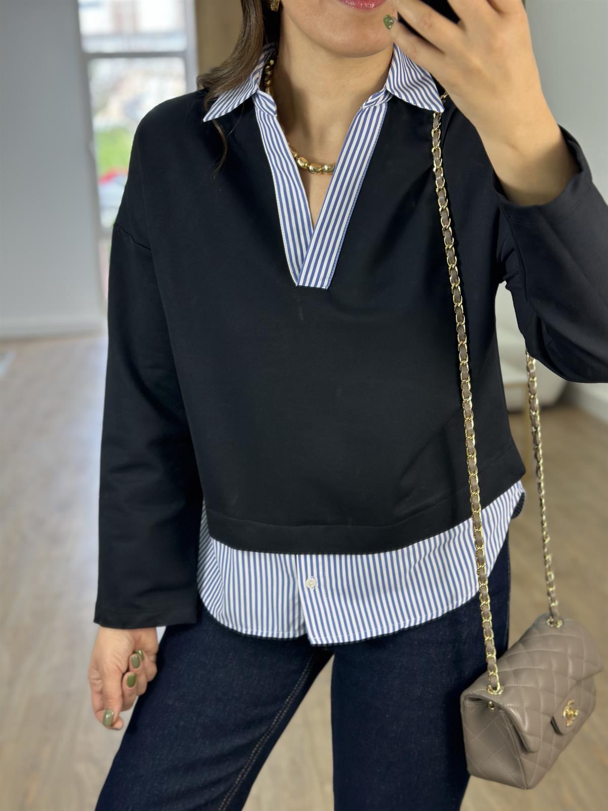 Polo Yaka Poplin Detaylı Sweatshirt