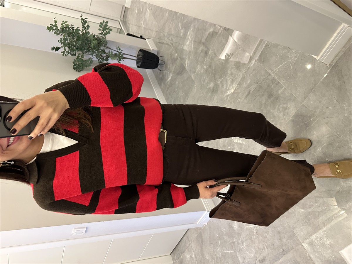 Polo Yaka Şeritli Kazak - Kırmızı 