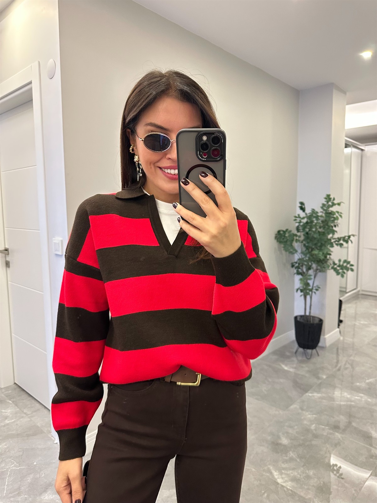 Polo Yaka Şeritli Kazak - Kırmızı 