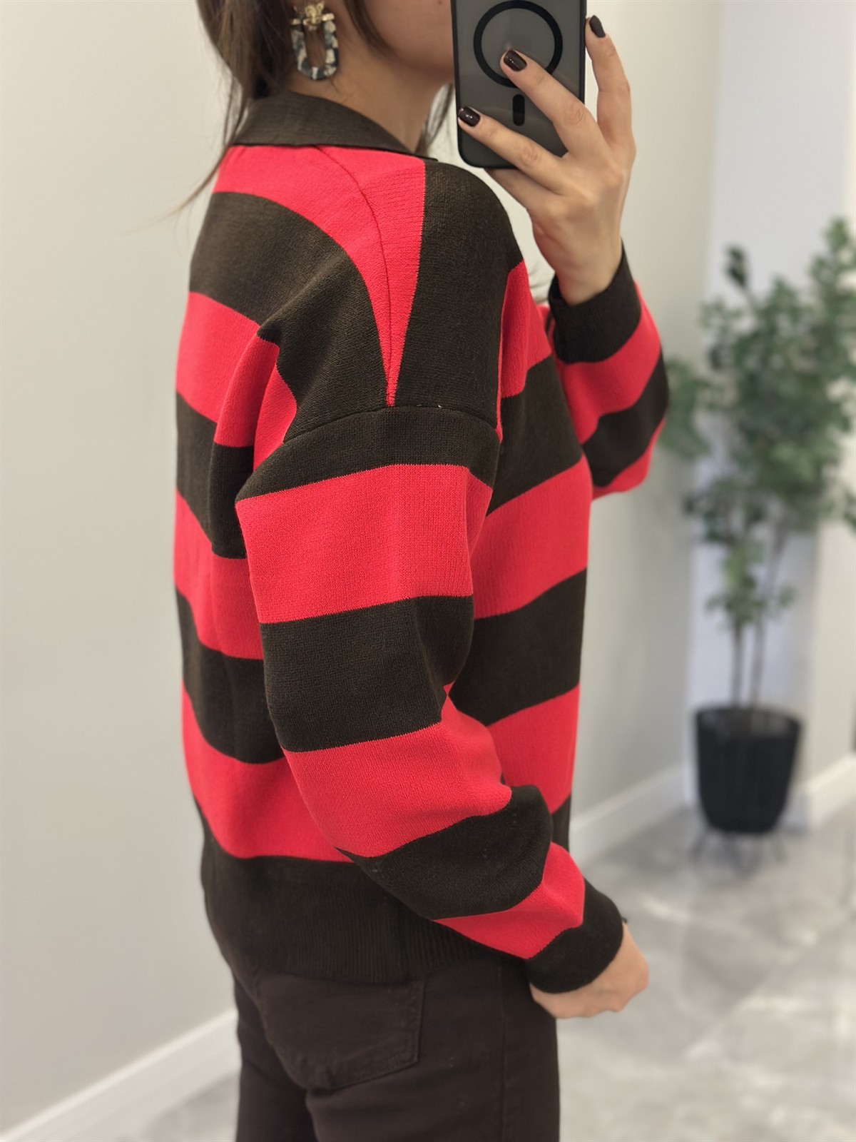 Polo Yaka Şeritli Kazak - Kırmızı 