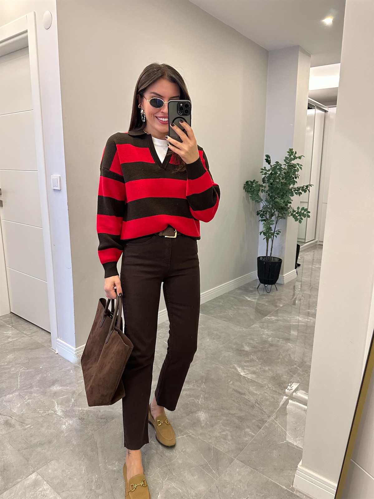 Polo Yaka Şeritli Kazak - Kırmızı 