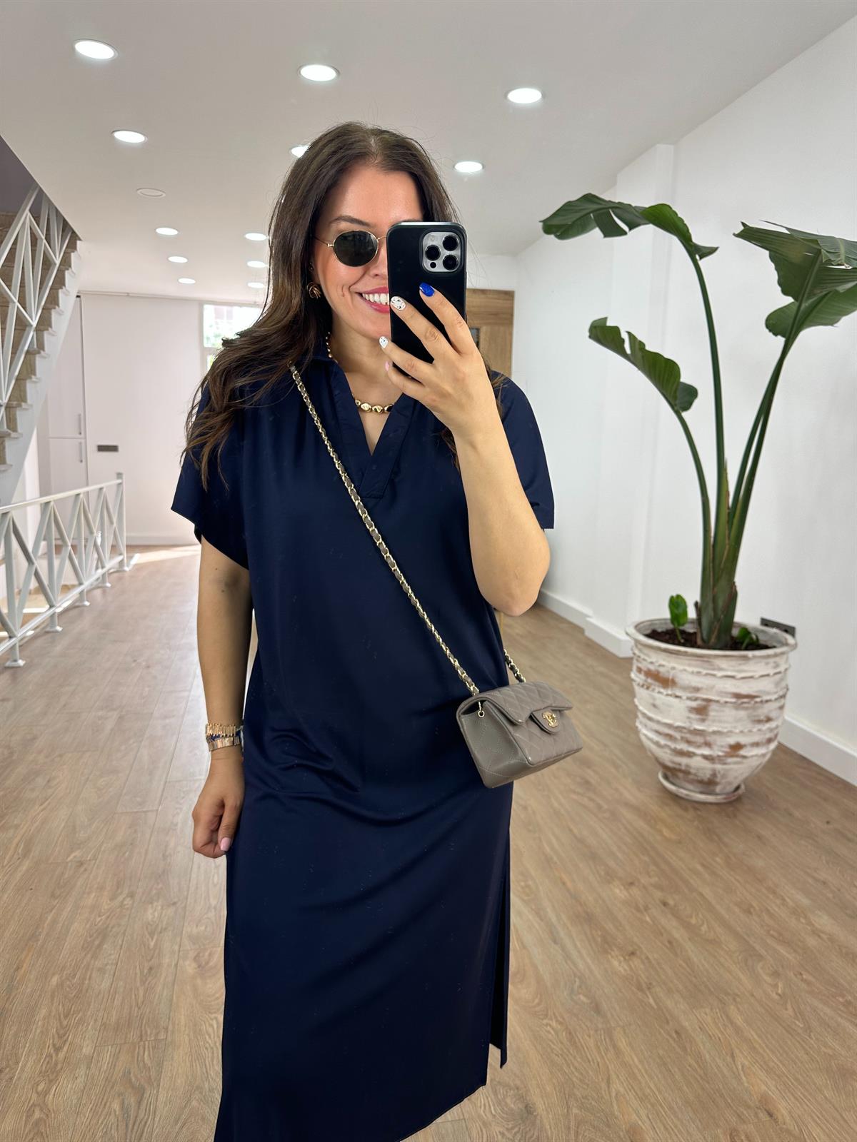 Polo Yaka Yandan Yırtmaçlı Modal Elbise-Lacivert