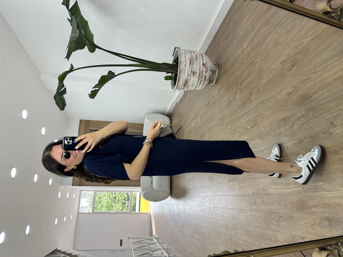 Polo Yaka Yandan Yırtmaçlı Modal Elbise-Lacivert