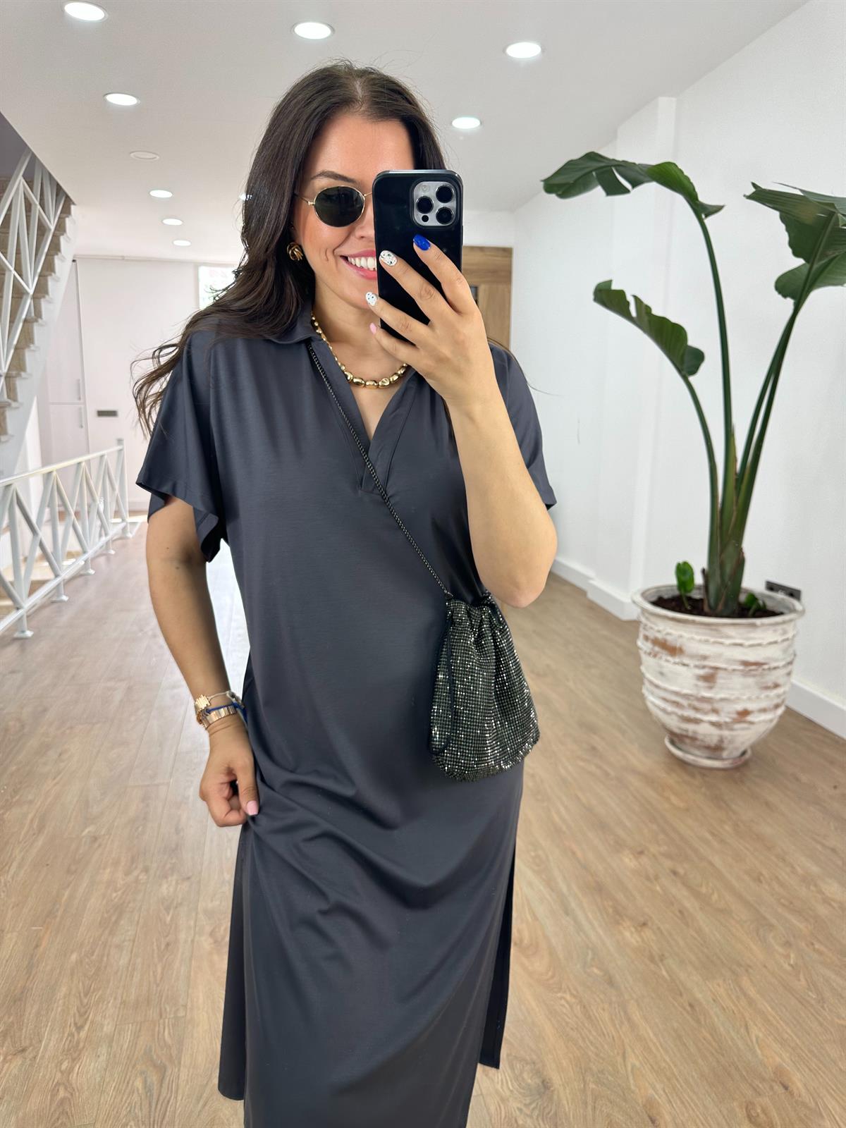 Polo Yaka Yandan Yırtmaçlı Modal Elbise--Antrasit