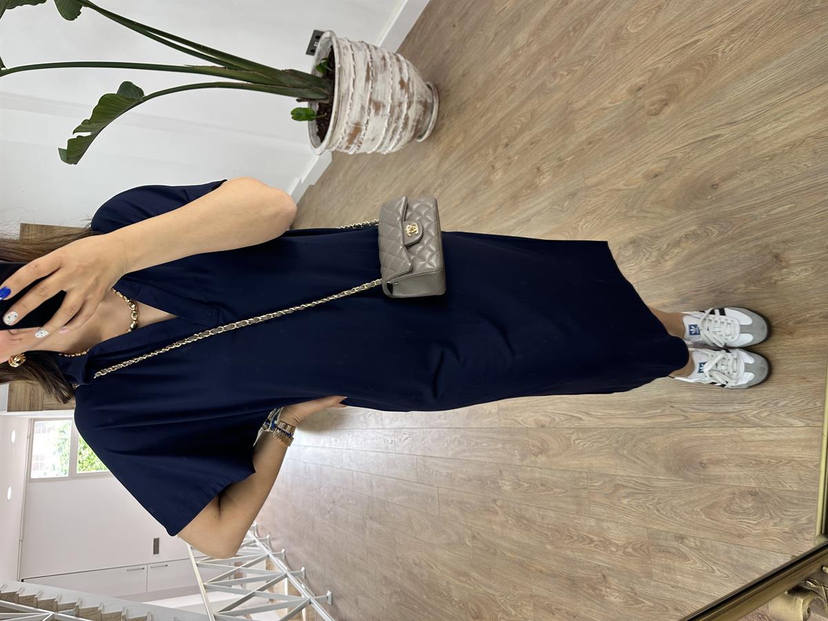 Polo Yaka Yandan Yırtmaçlı Modal Elbise-Lacivert