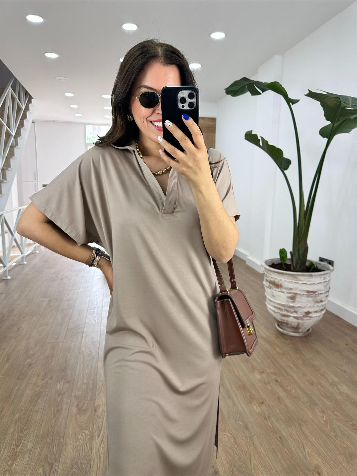 Polo Yaka Yandan Yırtmaçlı Modal Elbise-Vizon