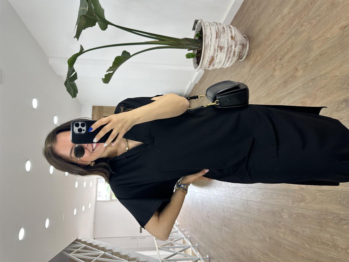 Polo Yaka Yandan Yırtmaçlı Modal Elbise-Siyah