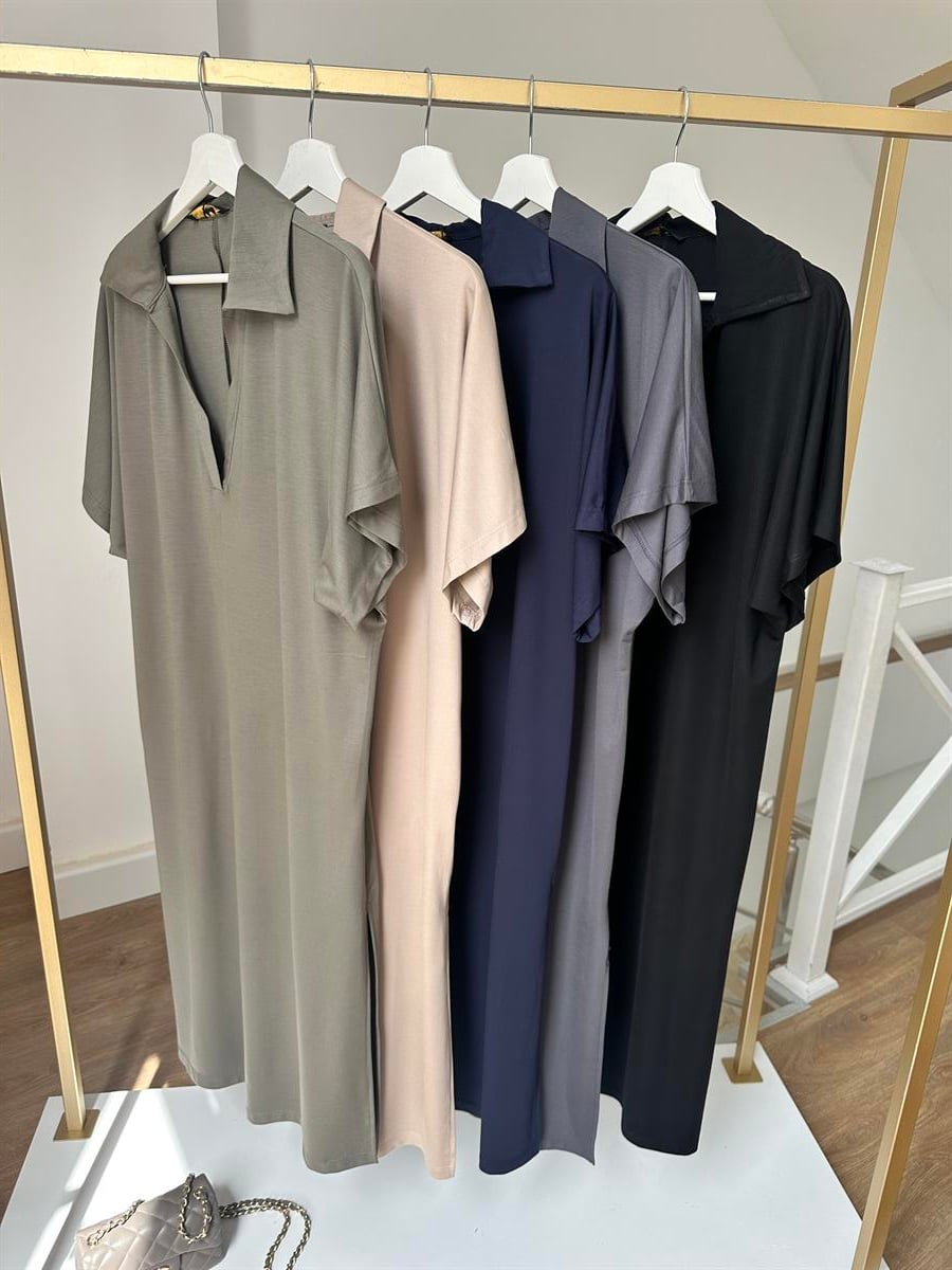 Polo Yaka Yandan Yırtmaçlı Modal Elbise--Antrasit