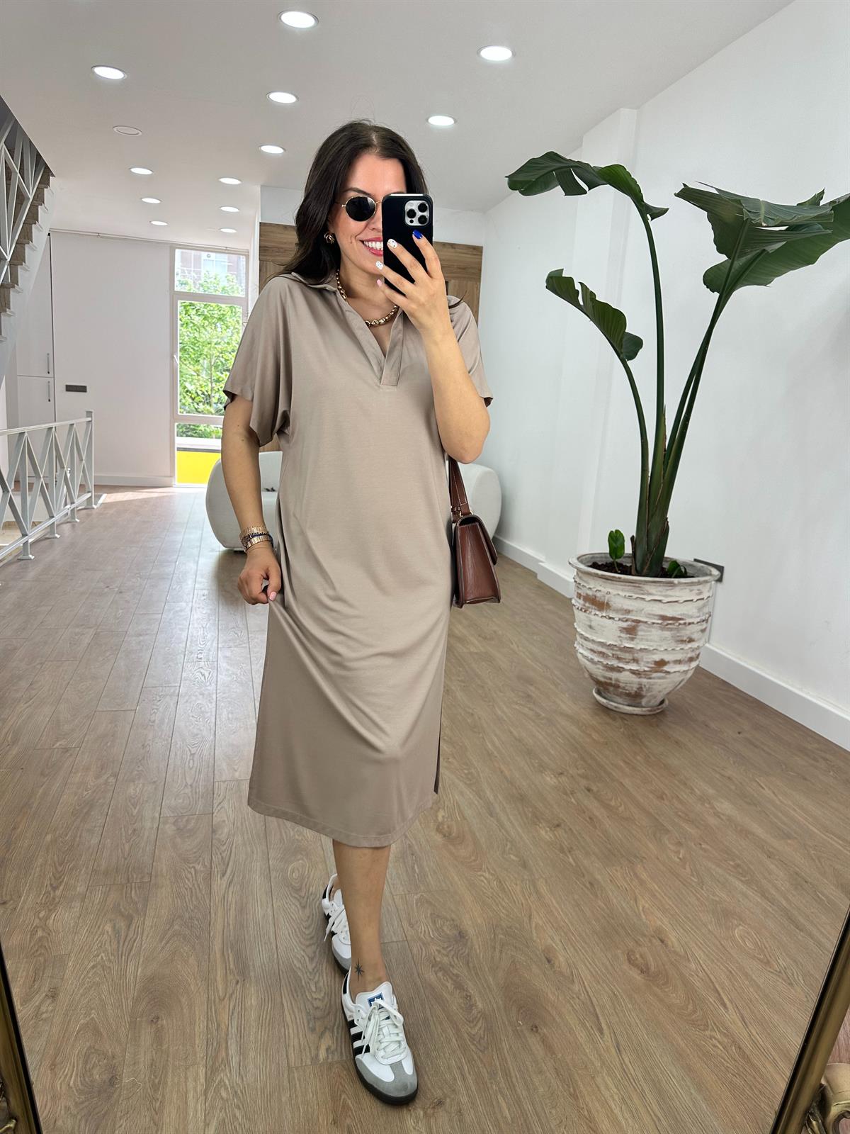 Polo Yaka Yandan Yırtmaçlı Modal Elbise-Vizon