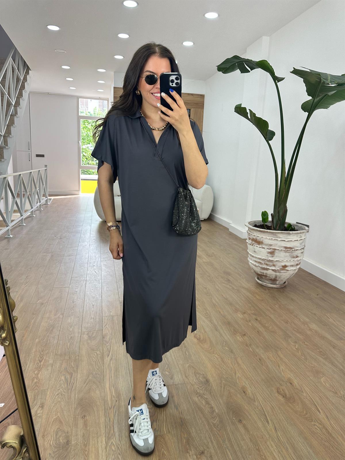 Polo Yaka Yandan Yırtmaçlı Modal Elbise--Antrasit