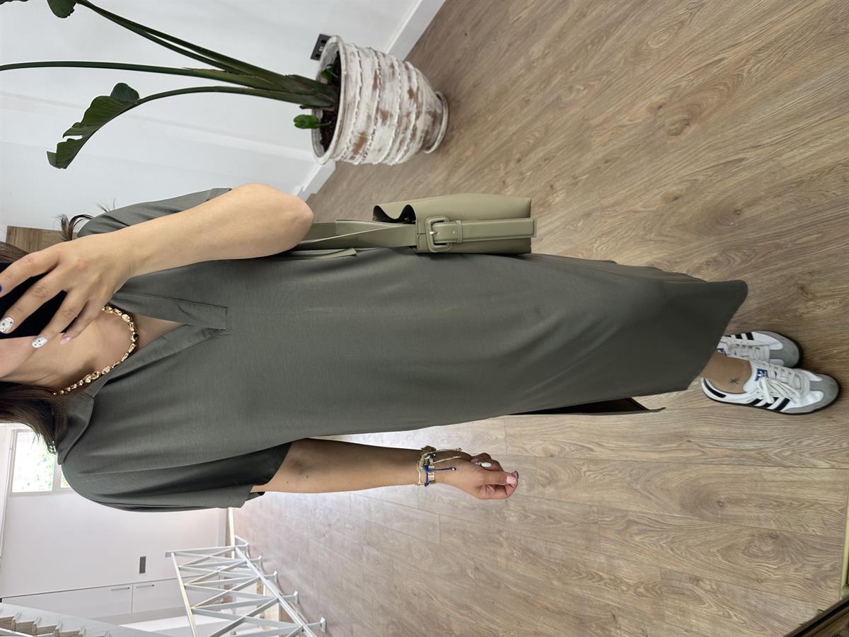 Polo Yaka Yandan Yırtmaçlı Modal Elbise-Haki