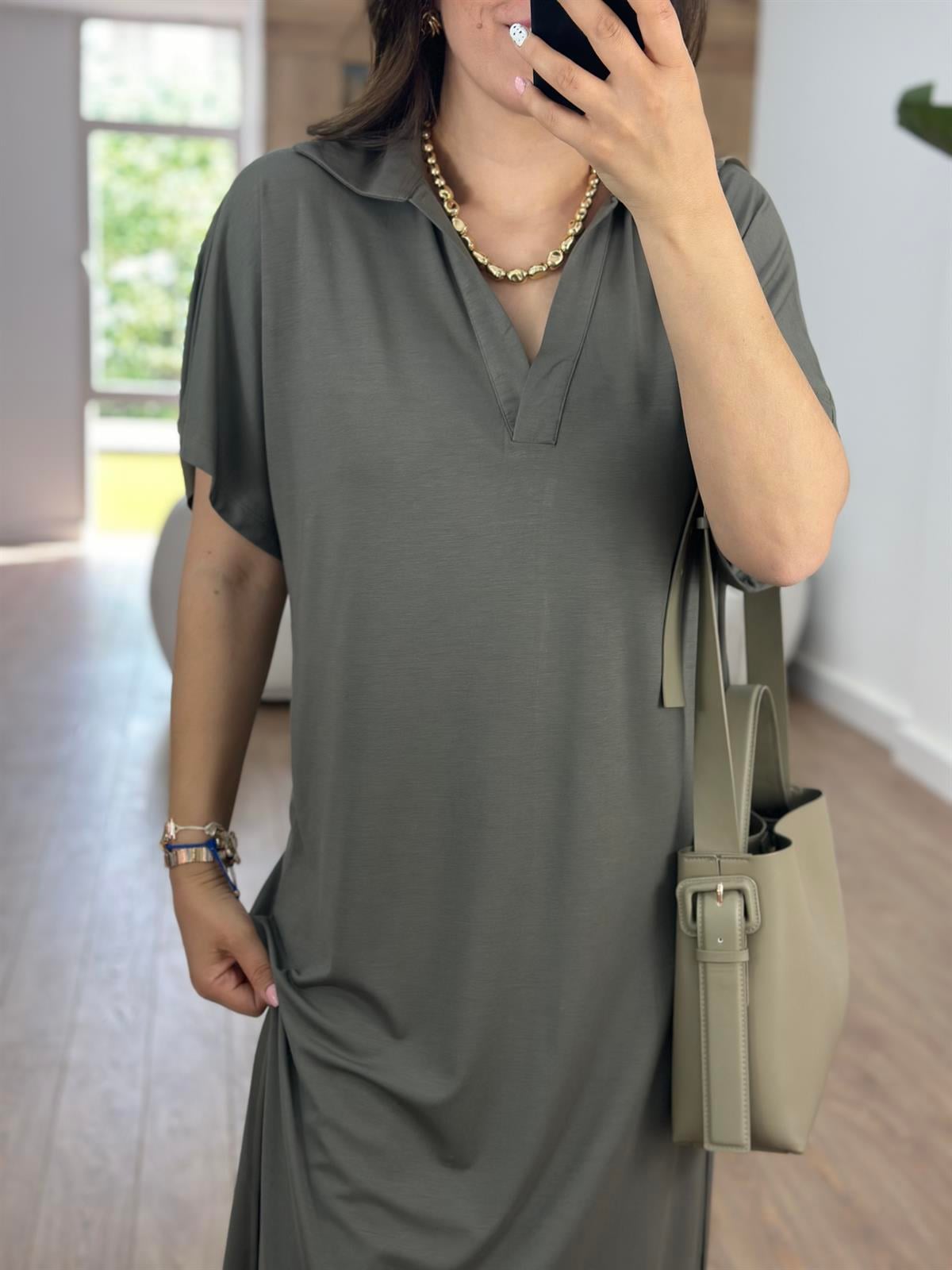 Polo Yaka Yandan Yırtmaçlı Modal Elbise-Haki