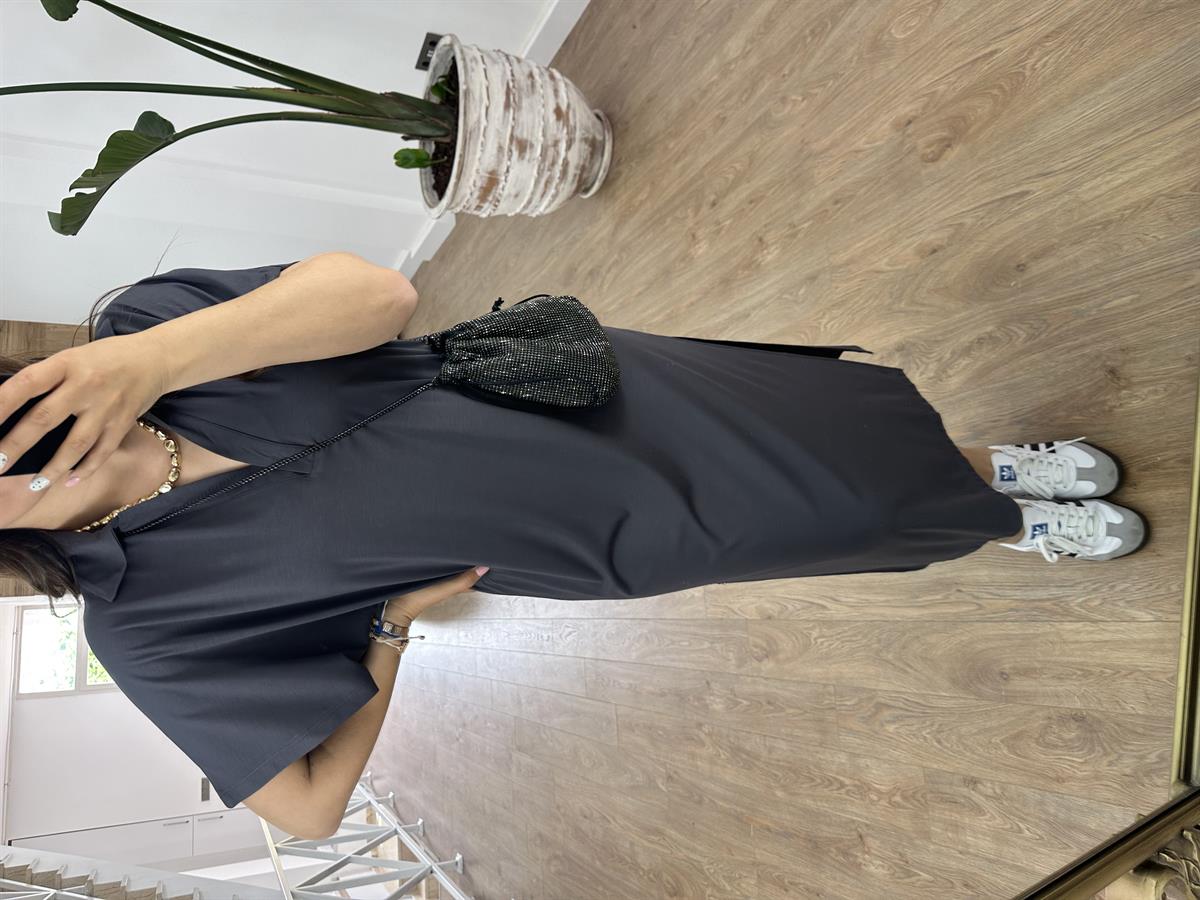 Polo Yaka Yandan Yırtmaçlı Modal Elbise--Antrasit