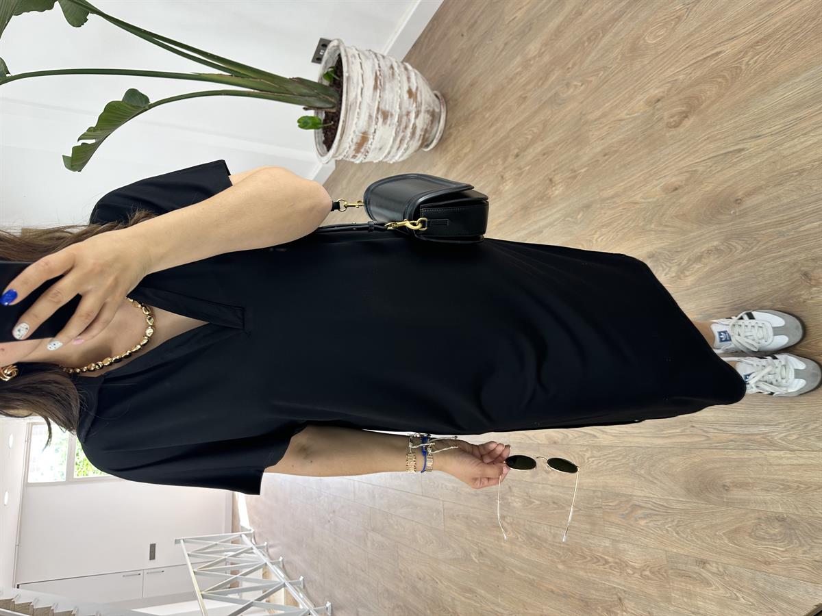 Polo Yaka Yandan Yırtmaçlı Modal Elbise-Siyah