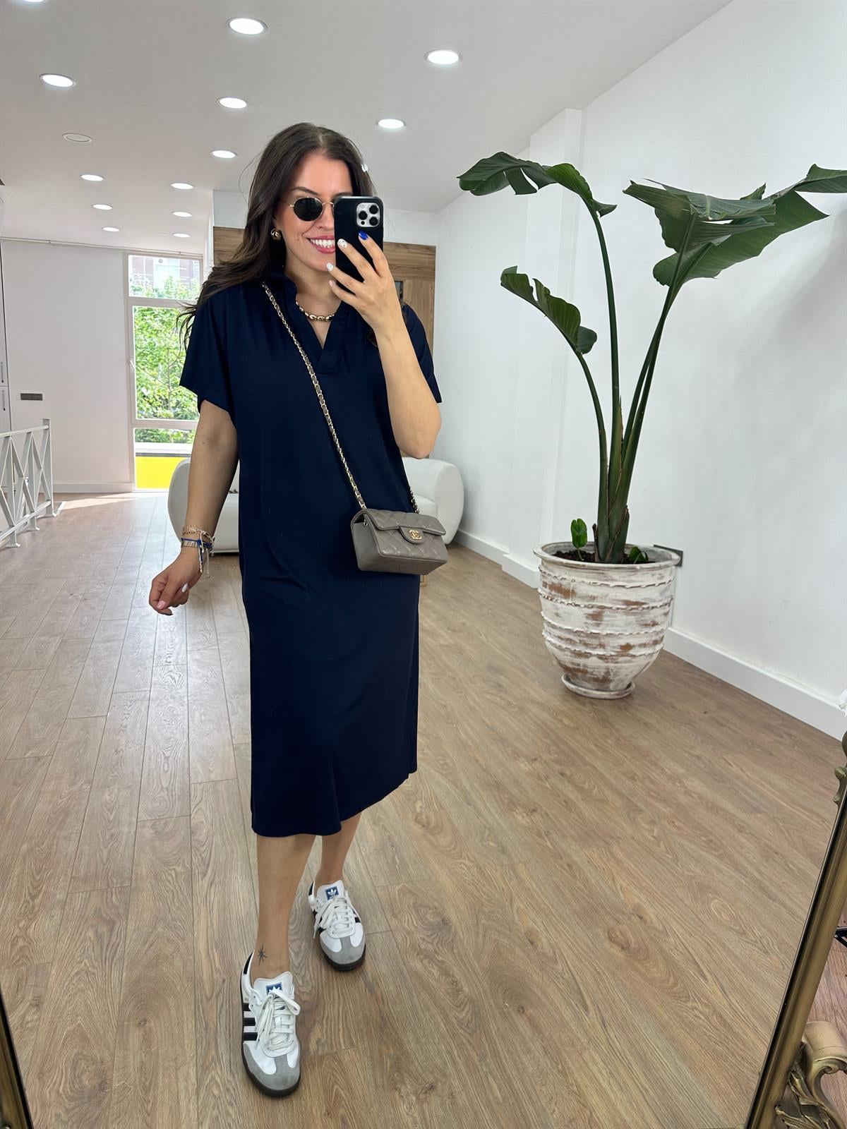 Polo Yaka Yandan Yırtmaçlı Modal Elbise-Lacivert