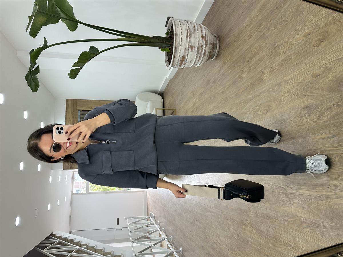 Polo Yaka Yarım Fermuarlı Modal Takım-Füme