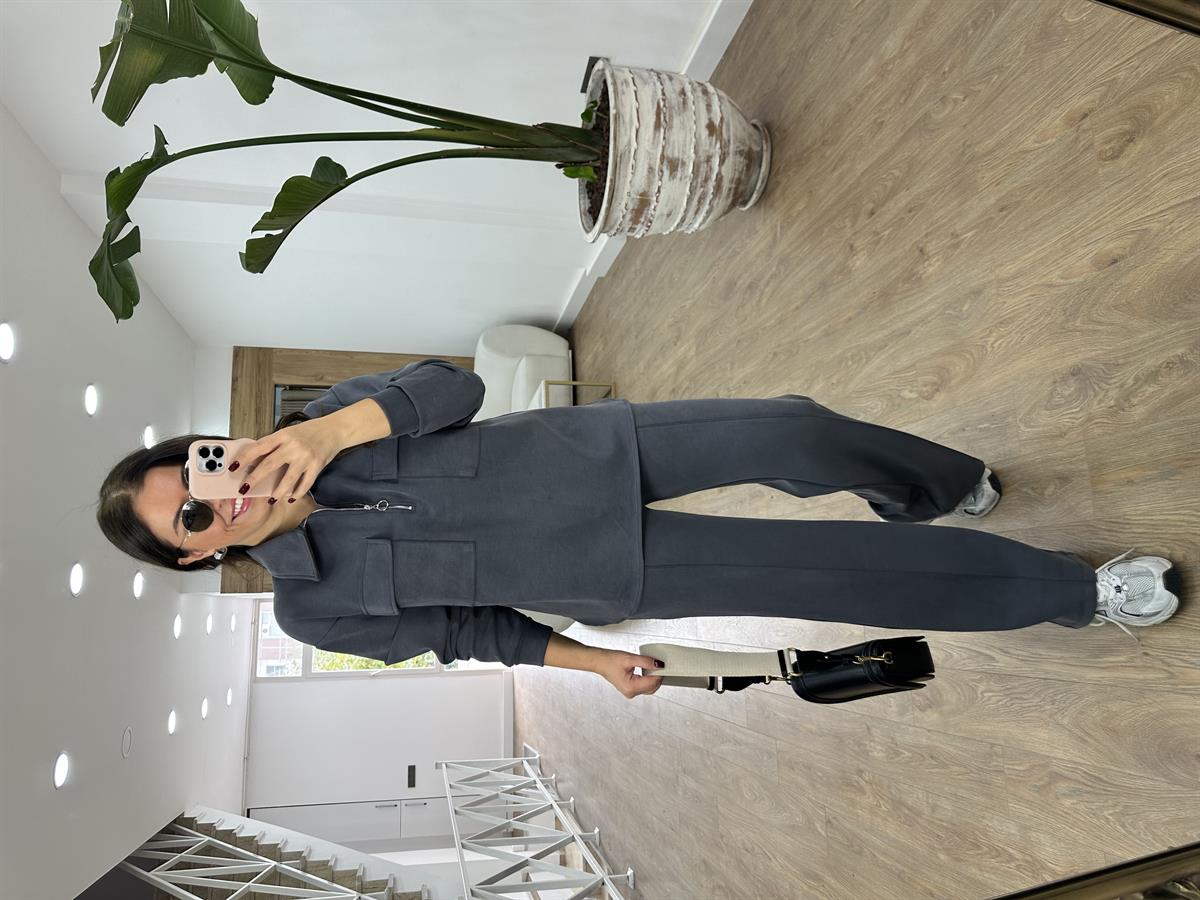 Polo Yaka Yarım Fermuarlı Modal Takım-Füme