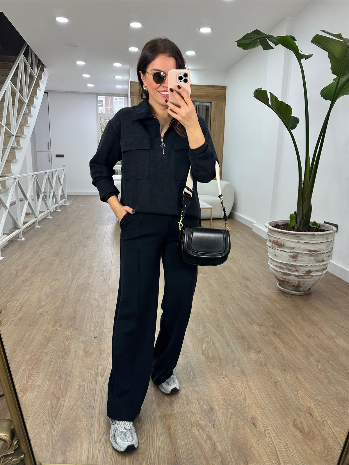 Polo Yaka Yarım Fermuarlı Modal Takım-Siyah