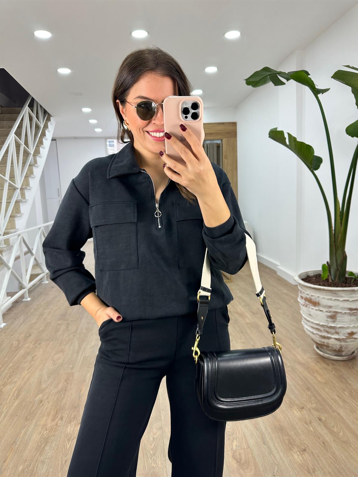 Polo Yaka Yarım Fermuarlı Modal Takım-Siyah