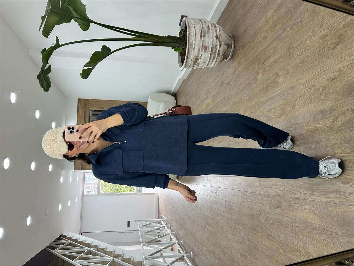 Polo Yaka Yarım Fermuarlı Modal Takım-İndigo