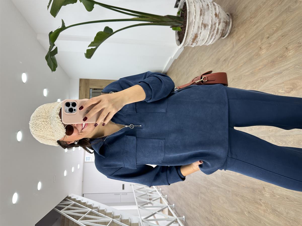 Polo Yaka Yarım Fermuarlı Modal Takım-İndigo