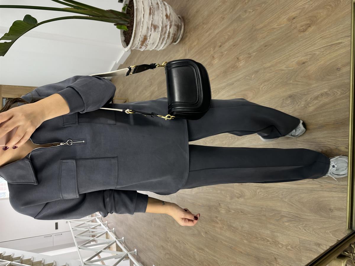 Polo Yaka Yarım Fermuarlı Modal Takım-Füme