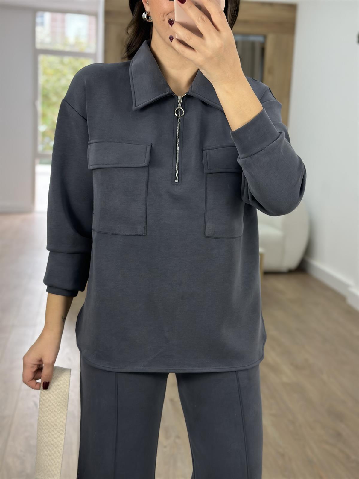 Polo Yaka Yarım Fermuarlı Modal Takım-Füme