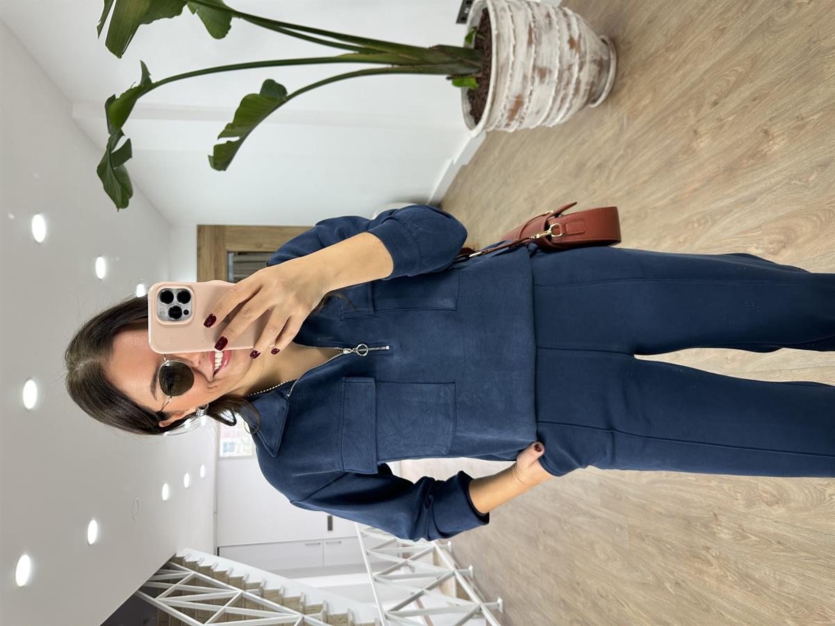 Polo Yaka Yarım Fermuarlı Modal Takım-İndigo