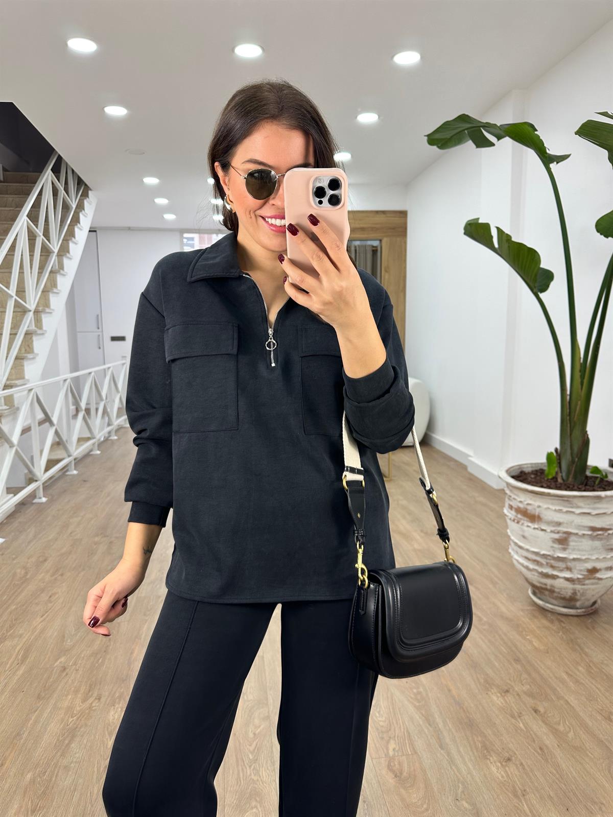 Polo Yaka Yarım Fermuarlı Modal Takım-Siyah