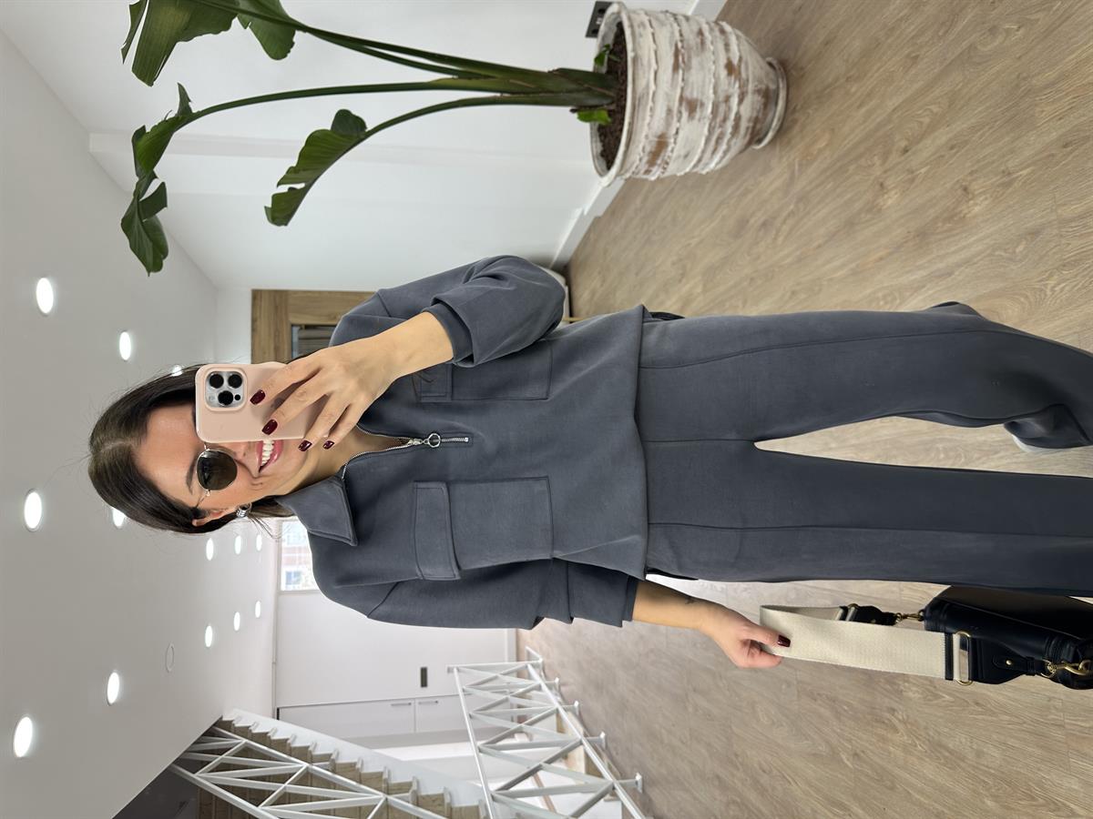 Polo Yaka Yarım Fermuarlı Modal Takım-Füme