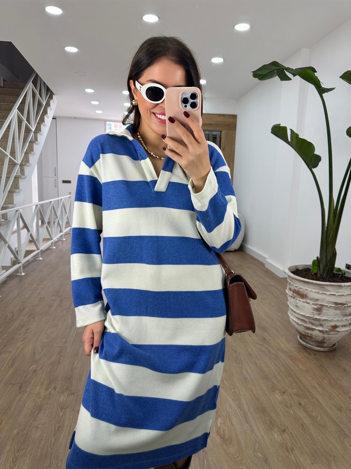 Polo Yaka Yumuşacık Dokuda Salaş Elbise-Mavi